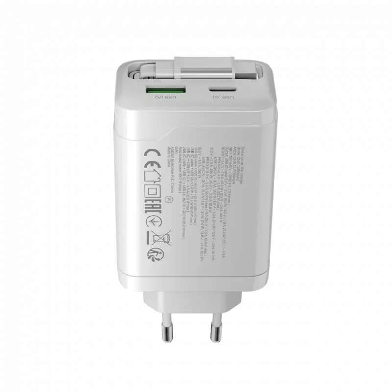 CANYON lādētājs OnCharge 65RC ar iebūvētu USB-C kabeli 65W, 1x PD, 1x QC, ES spraudnis, balts