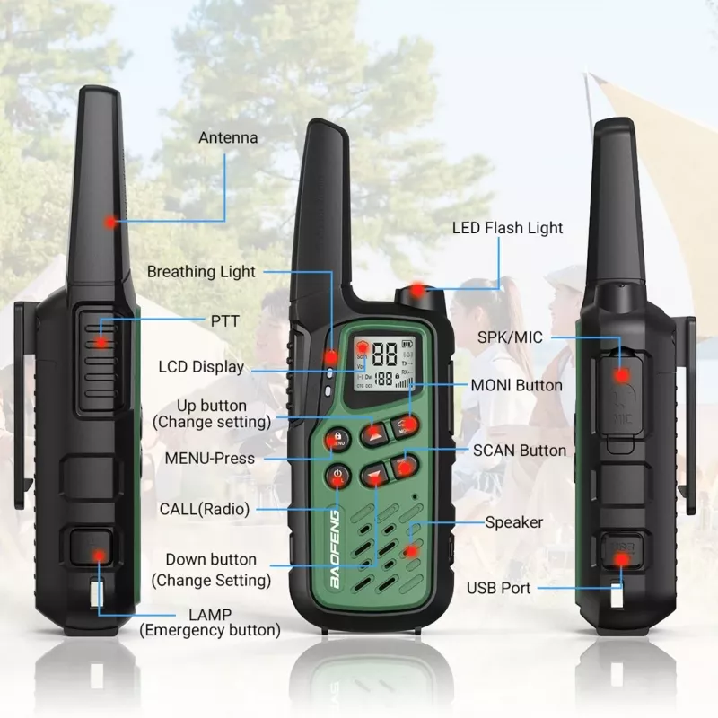 Rokas rācija Baofeng BF-T25E — 16 kanāli, 2×1400 mAh Li‑Ion, VOX, LCD, zaļa, komplektā 2 gab.