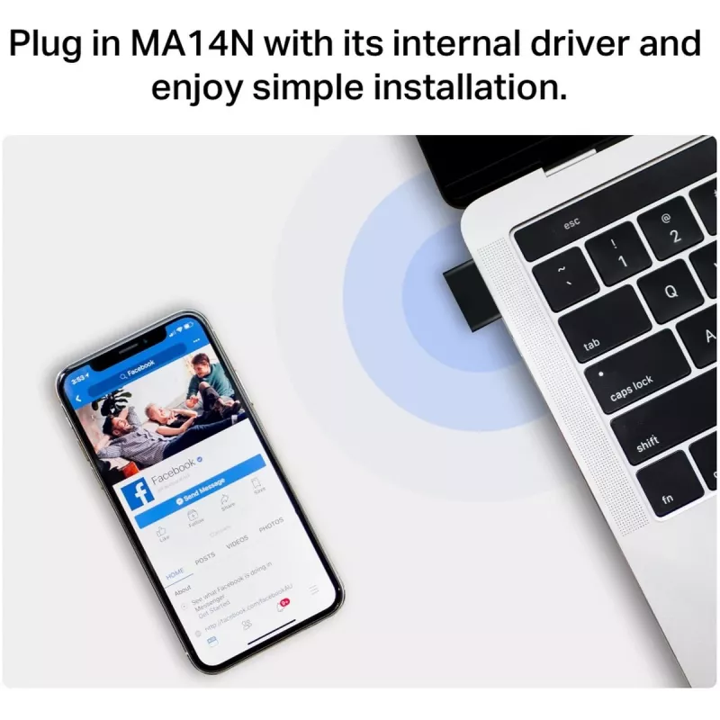 USB Wi‑Fi adapteris MERCUSYS MA14N — USB Type‑A, 2,4 GHz vienas joslas, līdz 287 Mb/s, melns