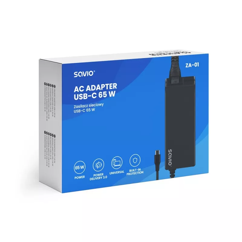 Iekštelpu maiņstrāvas lādētājs SAVIO ZA-01, 65 W USB‑C PD 3.0, 100–240 V ieeja, viena pieslēgvieta, melns