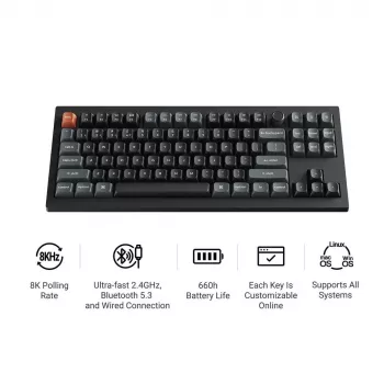Mehāniskā tastatūra Keychron V3 Ultra 8K — QWERTY, Bluetooth un vadu, RGB, melna