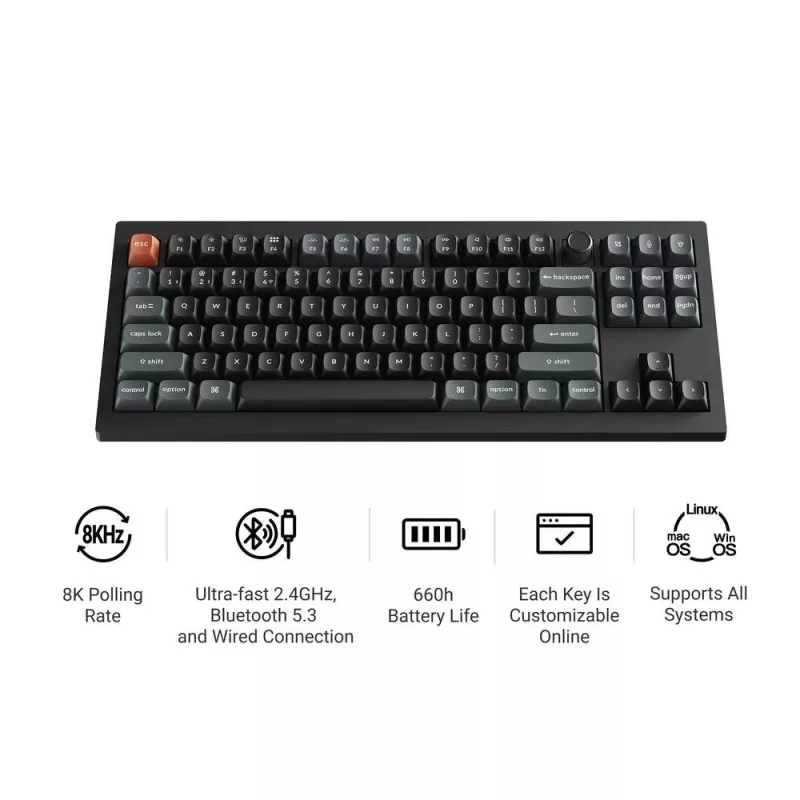 Mehāniskā tastatūra Keychron V3 Ultra 8K — QWERTY, Bluetooth un vadu, RGB, melna