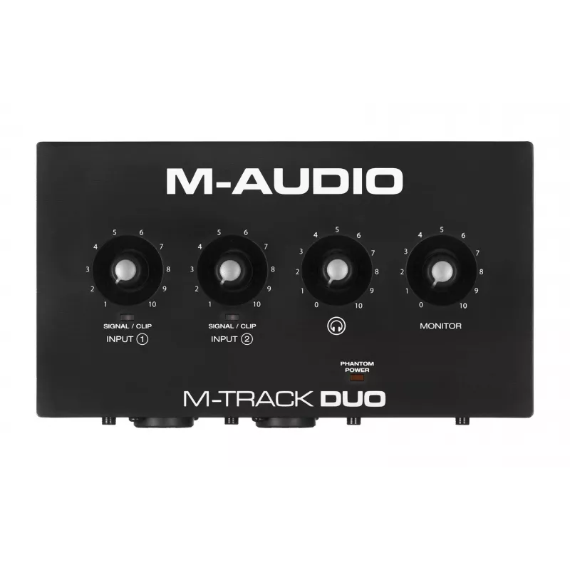 Audio interfeiss M-Audio M-Track Duo — USB 2-ieejas/2-izejas, 16 bitu/48 kHz, 1x XLR/TS combo, 1x instrumenta ieeja, fantoma 48V