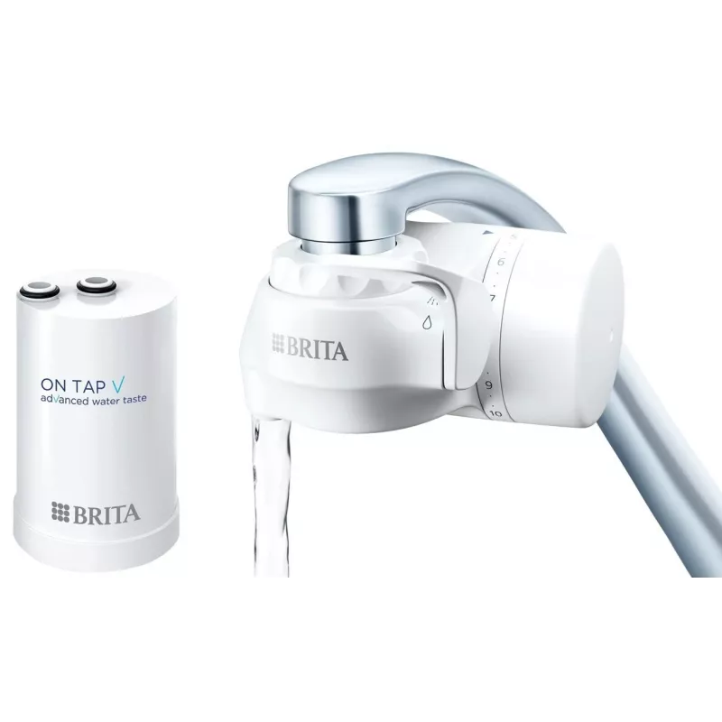BRITA ON TAP V CU CE2 (1052067) krāna ūdens filtrs — 4 pakāpju, 600 L ietilpība, 3 režīmi, 5 adapteri, balts