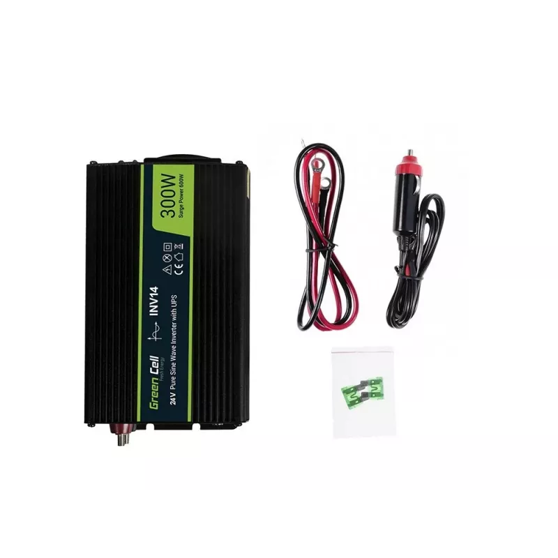 Strāvas pārveidotājs zaļa Cell INV14 300W DC 24V uz 230V ar USB, E tipa spraudni, aktīva dzesēšana