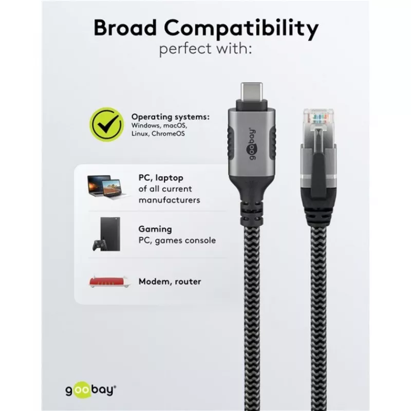 Ethernet kabelis USB-C 3.2 Gen2 spraudnis > RJ-45 spraudnis (melns/sudraba, 5 metri, pīts tekstila apvalks)