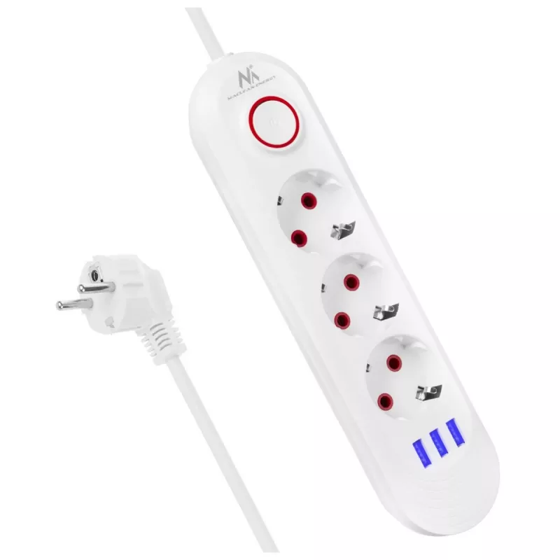 Strāvas sloksne MACLEAN MCE394W — 3 rozetes, 3×USB 2.1A, 110–240V AC, 2500W, 1,5 m kabelis, balta