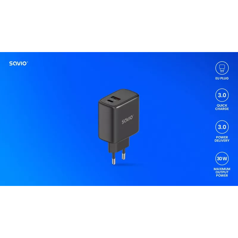 Āra lādētājs SAVIO LA-06/B USB Type-C 30W Power Delivery 1x USB-C melns, 5–20V, 3A/9V, 3A/5V, 3A/12V, 2.1A