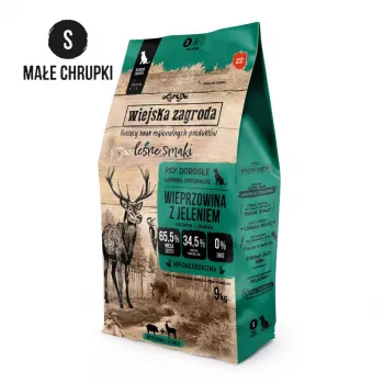 Sausā suņu barība wiejskazagroda Forest Flavors Cūkgaļa ar briediena gaļu Kraukšķīgie S – Mazajām šķirnēm, 9 kg, 31% olbaltumvielu, 20% tauku, bezgraudu