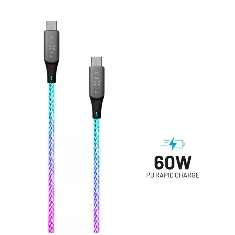 USB-C uz USB-C uzlādes kabelis FIXED FIXDLED-CC-RA ar PD atbalstu un fiksētu garumu, iebūvētu varavīksnes LED