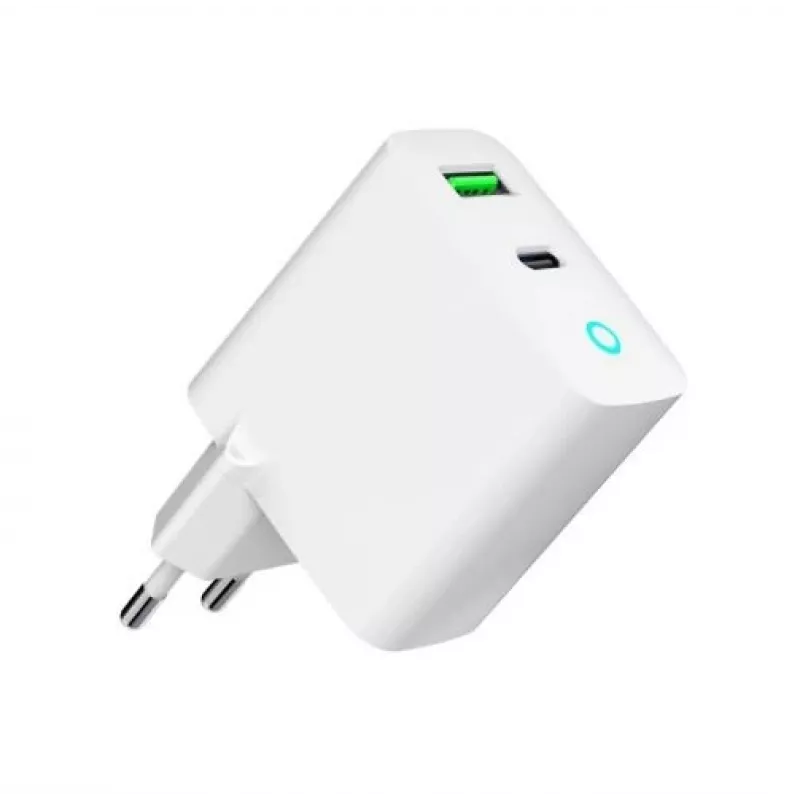 Tīkla barošanas bloks 220V GEMBIRD, universāls, 1 x USB Type-C PD 20W, 1 x USB-A 3.0 QC 18W, LED indikators, balts