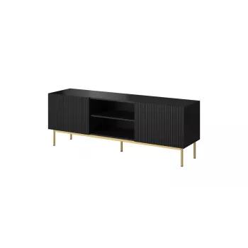 TV skapis Cama PAFOS uz zelta tērauda rāmja 150x40x60 cm matēts melns, skaidu plātnes virsma