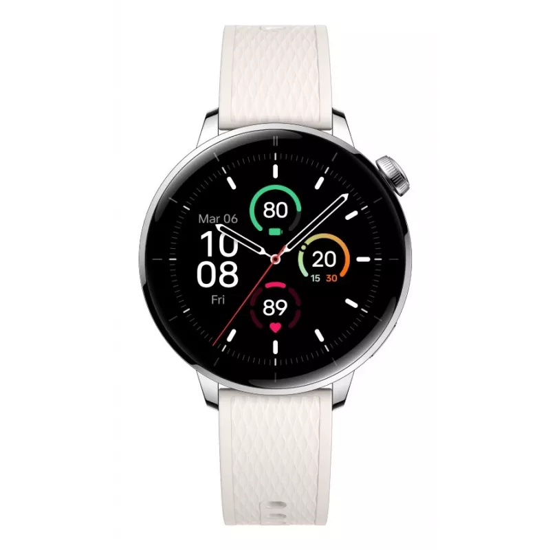 Viedpulkstenis ONEPLUS OnePlus Watch 3 43mm, 1.32 collas AMOLED 466×466, titāna/sudraba korpuss, balta gumijas siksniņa, GPS, Wi‑Fi