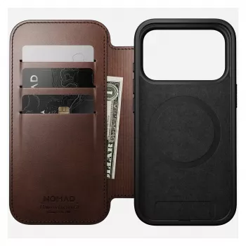 Mobilā tālruņa vāciņš Nomad Modern Leather Folio iPhone 17 Pro, āda/alumīnijs, 16 cm (6,3 collas) brūns, 4 karšu kabatas