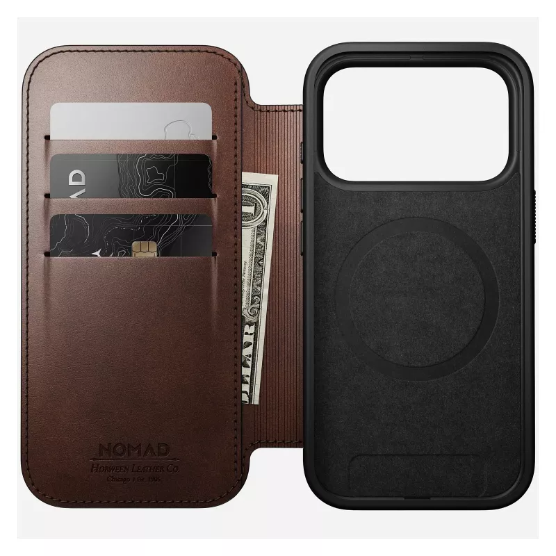 Mobilā tālruņa vāciņš Nomad Modern Leather Folio iPhone 17 Pro, āda/alumīnijs, 16 cm (6,3 collas) brūns, 4 karšu kabatas