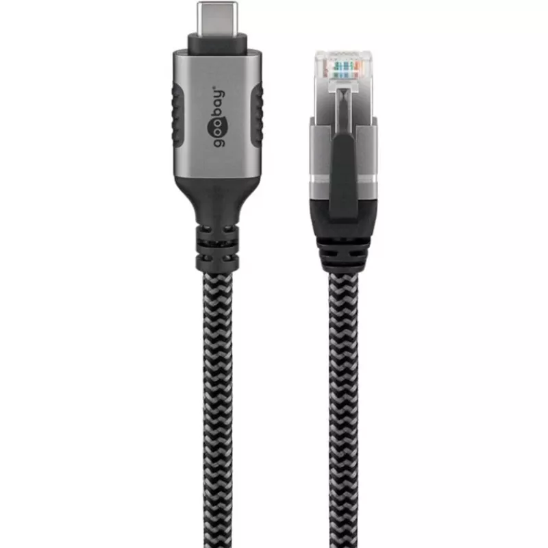 Ethernet-kabelis USB-C 3.2 Gen2 Plug > RJ-45 Plug, LAN-Adapter Melns/Sudraba, 1,5 Meter, braided textile jacket