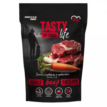 Mitrā suņu barība BIOFEED Tasty Life liellopu gaļa 90% 500 g paciņā, pilnvērtīga pieaugušu suņu barība, olbaltumvielas 12%, tauki 6.5%, mitrums 79%
