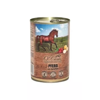 Mitrā suņu barība o'canis Horse Meat with Potato 400 g — pilnvērtīgs konservēts ēdiens pieaugušiem suņiem, 80% mitruma, 8,5% olbaltumvielu
