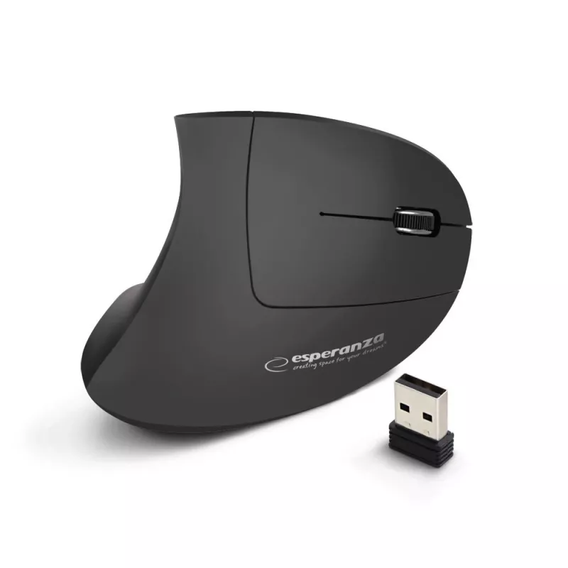 Bezvadu pele ESPERANZA EM133 — ergonomiska labā roka, 1600 DPI, 6 pogas, 2,4 GHz USB nano uztvērējs, 10 m diapazons, melna