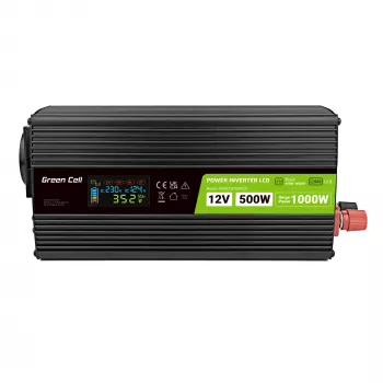 Green Cell sprieguma pārveidotājs PowerInverter LCD 12 V 500W/1000W auto invertors ar displeju - tīra sinusoīda strāvas adapteris Auto Melns