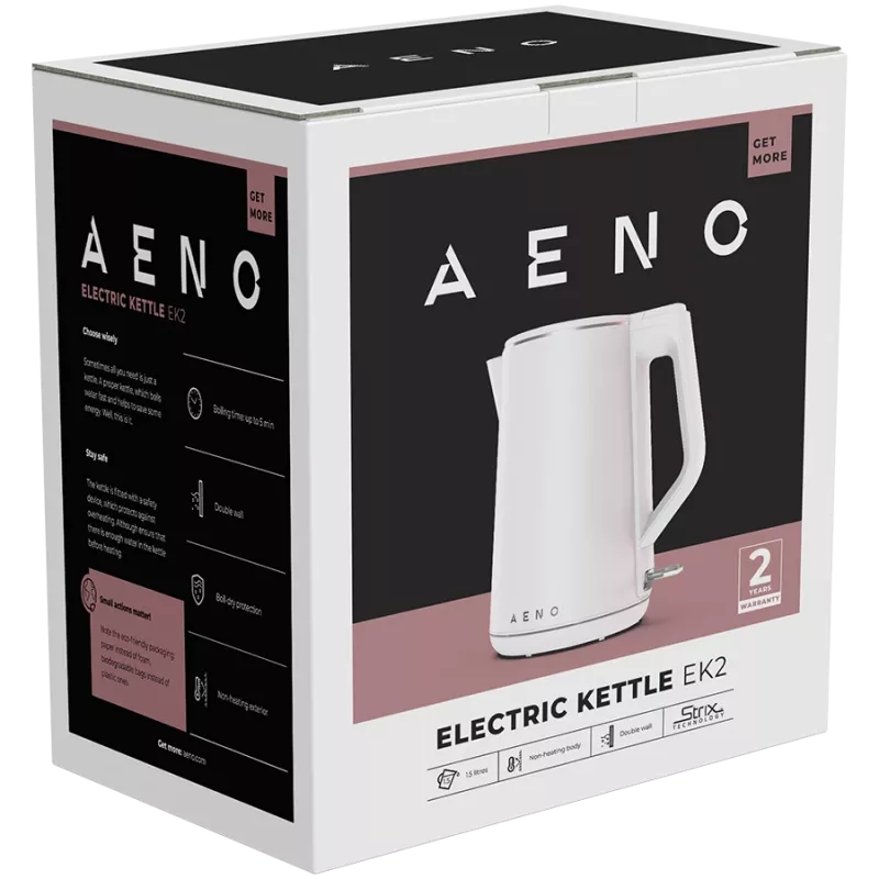 AENO Elektriskā tējkanna EK2: 1850-2200W, 1,5L, Strix, dubultsienas, nesildošs korpuss, automātiska izslēgšanās, aizsardzība pret sausu tvertni