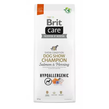 Brit Care Hypoallergenic Adult Dog Show Champion sausā suņu barība ar lasi un siļķi, 12 kg