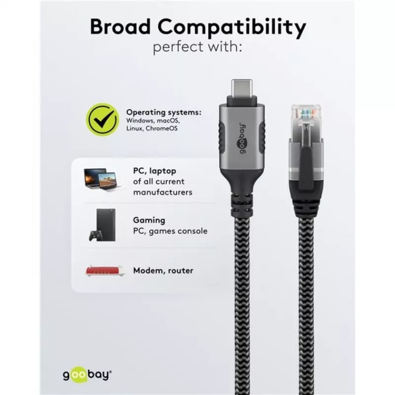 Ethernet kabelis USB-C 3.2 Gen2 spraudnis > RJ-45 spraudnis (melns/sudraba, 5 metri, pīts tekstila apvalks)