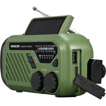 Portatīvs FM/AM radio SENCOR SRD1000SCLGR ar Bluetooth, saules/rokas kloķa/USB-C uzlādi, 2000mAh baterija, IPX4, LED gaismas