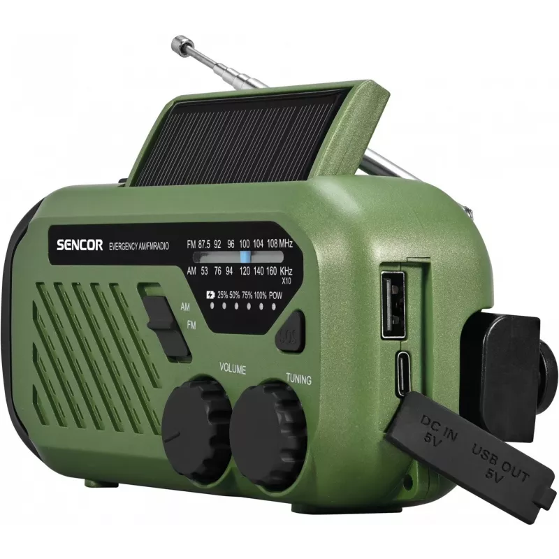 Portatīvs FM/AM radio SENCOR SRD1000SCLGR ar Bluetooth, saules/rokas kloķa/USB-C uzlādi, 2000mAh baterija, IPX4, LED gaismas