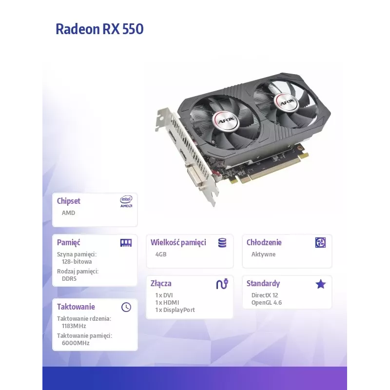 Grafikas karte AFOX AMD Radeon RX 550 4 GB GDDR5 PCIe 3.0, 1183 MHz, 128 bitu, divi ventilatori
