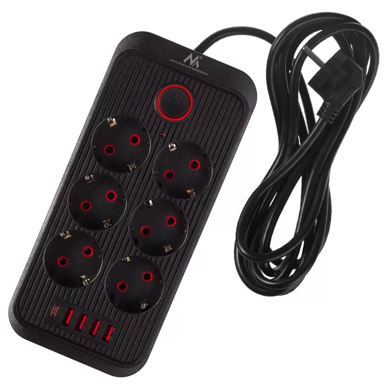 Strāvas sadalītājs MACLEAN MCE391 B – 6 rozetes, 4×USB-A + 1×USB-C, 110–240V, 2500W, 3 m kabelis, melns