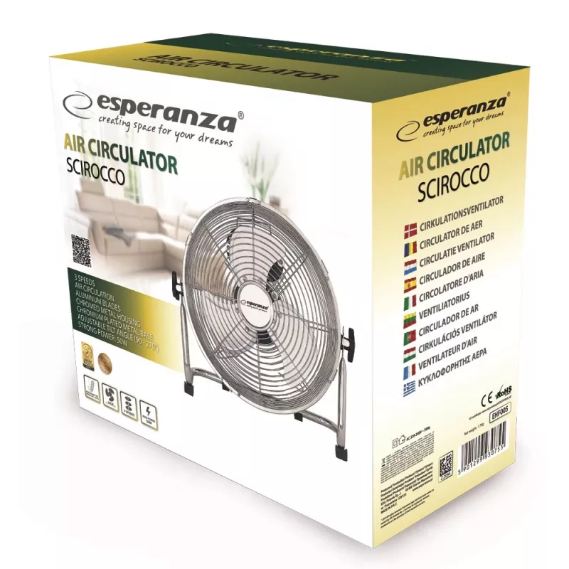 Galda ventilators ESPERANZA EHF005 Scirocco 12 collas — 3 ātrumi, 36 cm diametrs, hromēts, 50 W
