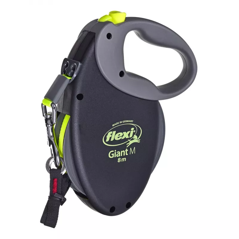 Izvelkamā saite Flexi NEON GIANT M — 8 m lentes pavada, maks. noslodze 25 kg, ergonomisks rokturis, melns/dzeltens