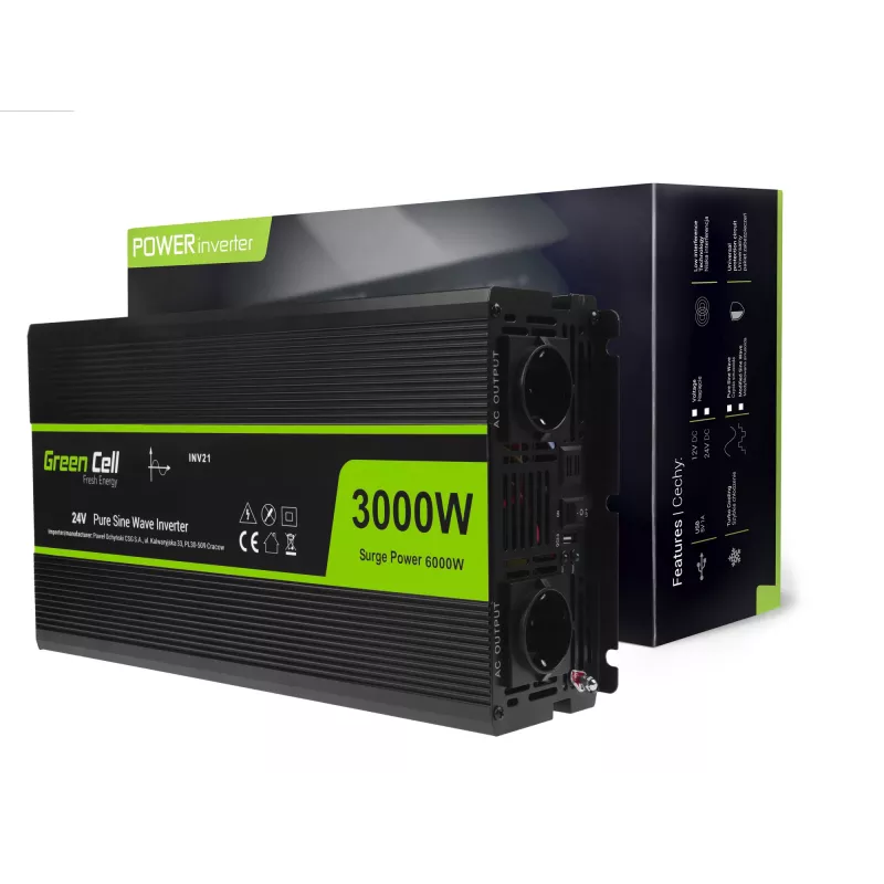 Auto invertors zaļa Cell INV21 6000 W, 24V līdzstrāva-maiņstrāva, 230V izeja, 2x USB PD, aktīvā dzesēšana, noņemami līdzstrāvas savienotāji, melns