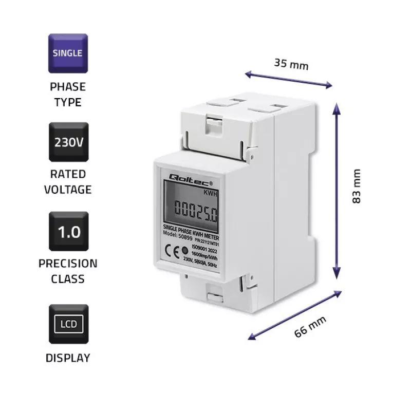Vienfāzes enerģijas patēriņa skaitītājs QOLTEC 50899 230 V 50 Hz, 5(60)A, 1.0 klase, LCD
