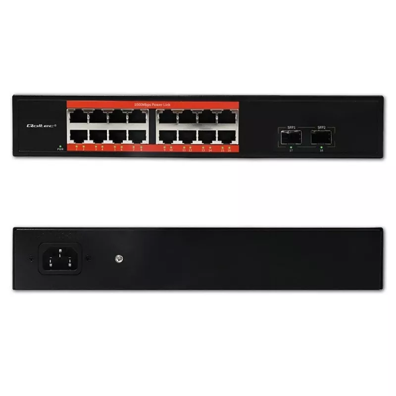 Tīkla slēdzis QOLTEC 52364 — Gigabit Ethernet PoE 16xRJ45, 2xSFP