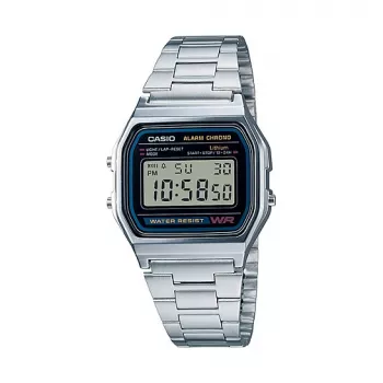 Rokas pulkstenis CASIO A158WA-1DF — digitāls, sveķu korpuss, nerūsējošā tērauda josla, 33,2×36,8×8,2 mm, CR2016 baterija