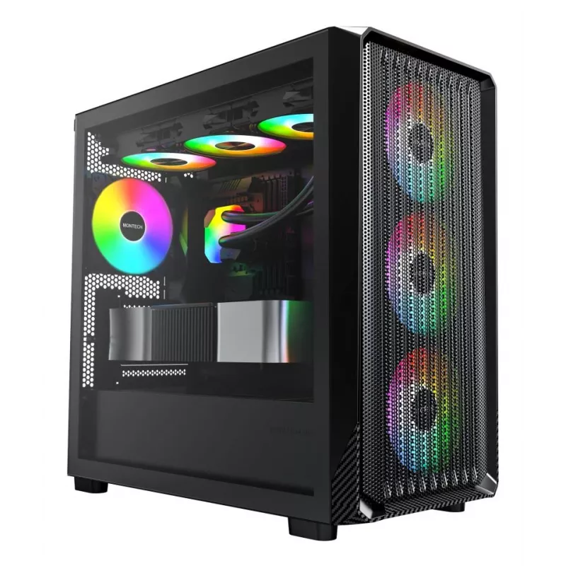 Montech X5M (B) Micro Tower PC korpuss — Micro‑ATX/Mini‑ITX, 3x120mm priekšā, 1x120mm aizmugurē, atbalsta ATX barošanas bloku, 2x3.5 collu + 4x2.5 collu, Melns