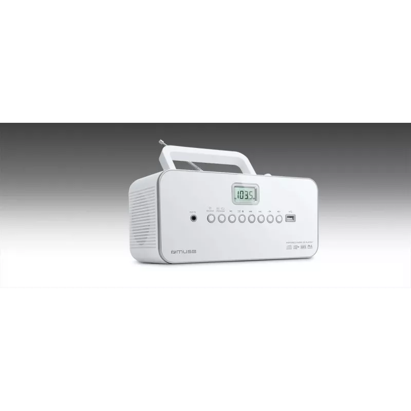 Pārnēsājama stereo sistēma Muse M-28RDW — CD/MP3 atskaņotājs, FM/MW uztvērējs, 3 W RMS, balta, 1,4 kg