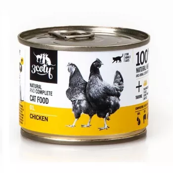 Mitrā kaķu barība 3coty 01 vistas gaļa 180 g — pilnvērtīga konservēta diēta pieaugušiem kaķiem, olbaltumvielas 19%, tauki 9%