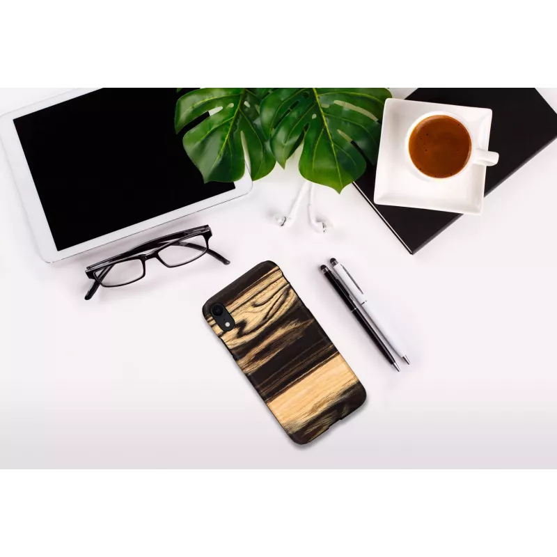 Telefona maciņš man and wood iPhone XR — balta melnkoka melna koka aizmugure, aizsargapvalks