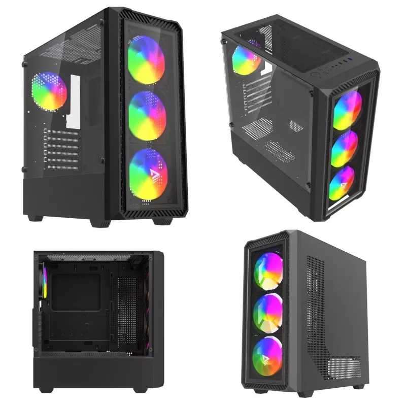 PC kuba korpuss SAVIO Noctis Glass RGB — Melns, ATX/Micro-ATX, 210×410×450 mm, 3×120 mm priekšējie ventilatori