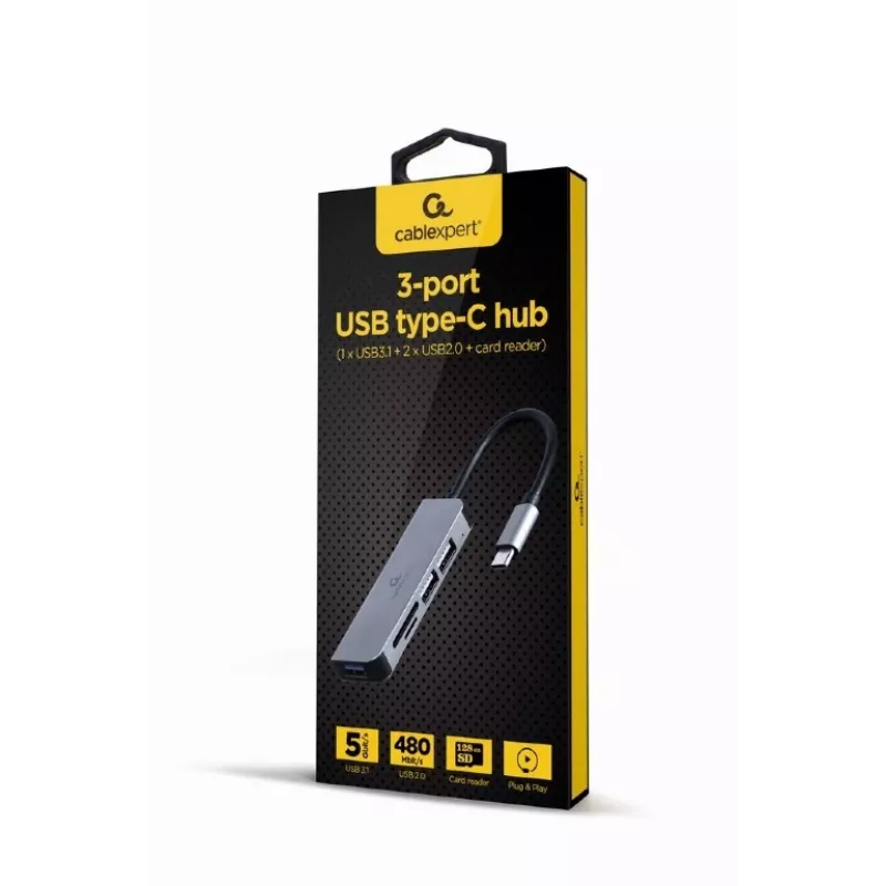 Laptop dock Gembird UHB-CM-CRU3P1U2P2-01 — USB 3.2 Gen 1 Type-A, MicroSD/SD/SDHC/SDXC līdz 128 GB, sudrabains
