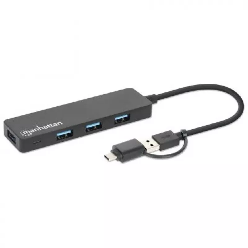 Manhattan USB-C un USB-A kombinētā dokstacija/cents, Porti (4): USB-A (x4), 5 Gbps (USB 3.2 Gen1 jeb USB 3.0), Ar USB barošanu (nav nepieciešams ārējs barošanas avots)