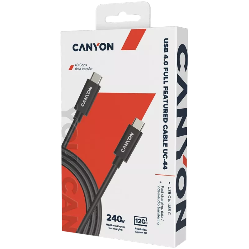 CANYON UC-44, kabelis, U4-CC-5A1M-E, USB4 TYPE-C to TYPE-C kabeļa komplekts 40G 1m 5A 240W(ERP) ar E-MARK, CE, ROHS, melns