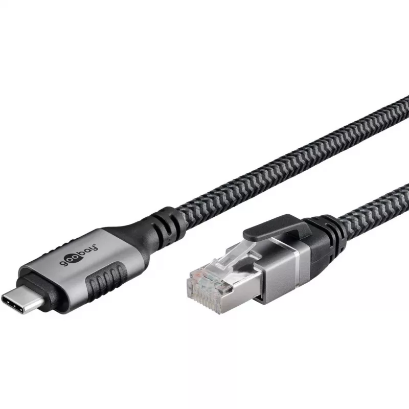 Ethernet-kabelis USB-C 3.2 Gen2 Plug > RJ-45 Plug, LAN-Adapter Melns/Sudraba, 1,5 Meter, braided textile jacket