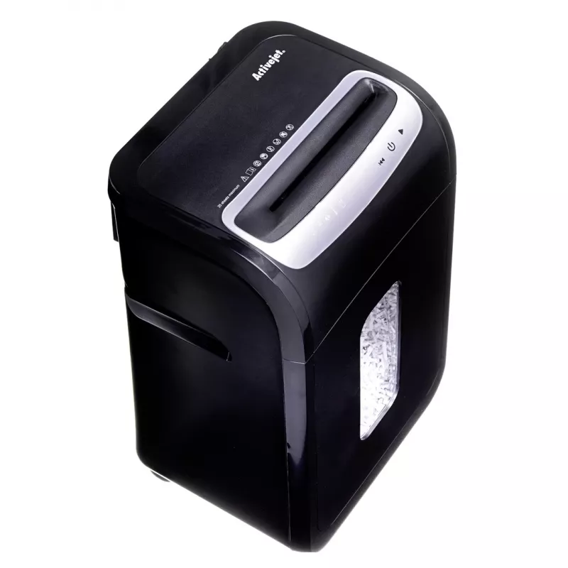 Dokumentu smalcinātājs ActiveJet ASH-2502C — šķērsgriezuma P-4, 25 lapas, 4x40 mm, 28 L tvertne, 22,8 cm padeve, 30 min darba cikls