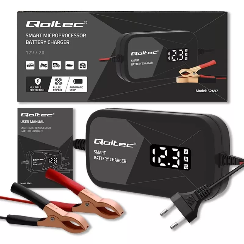 Bateriju lādētājs QOLTEC 52492 12V 2A ar mikroprocesora vadību un šūnu reģenerāciju