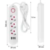 Strāvas sloksne MACLEAN MCE394W — 3 rozetes, 3×USB 2.1A, 110–240V AC, 2500W, 1,5 m kabelis, balta