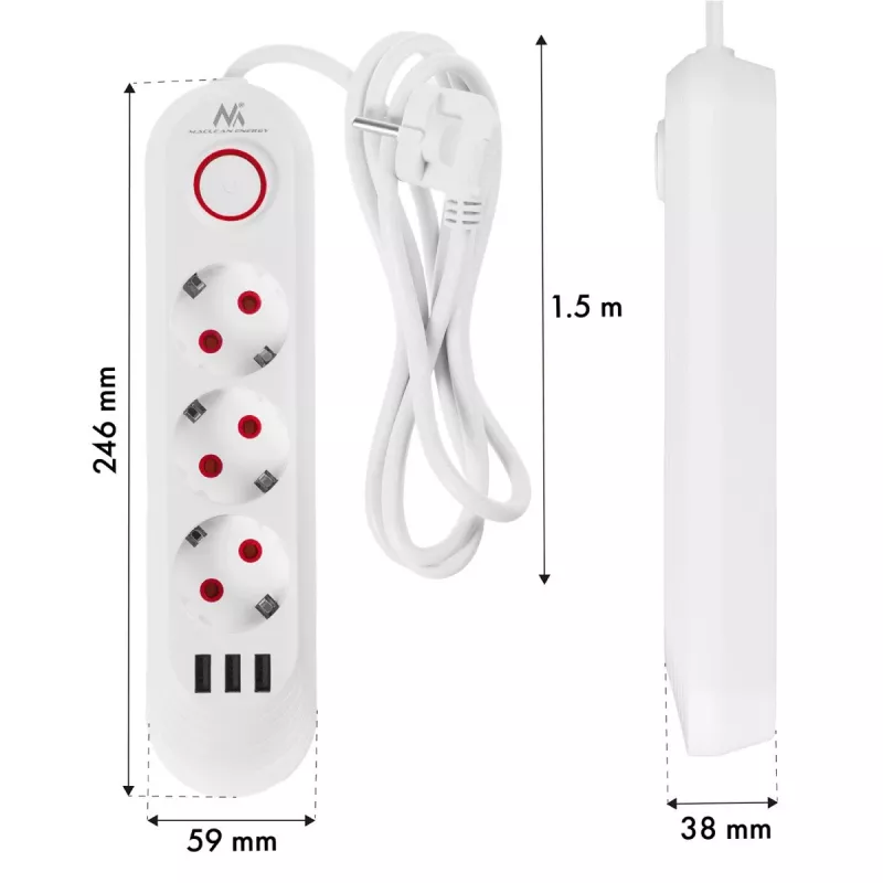 Strāvas sloksne MACLEAN MCE394W — 3 rozetes, 3×USB 2.1A, 110–240V AC, 2500W, 1,5 m kabelis, balta